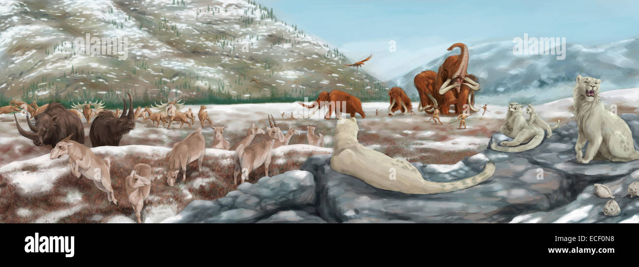 Paysage britannique, 350 000 pb. Comprend de gauche ; rhinocéros laineux, Megaloceros irlandais (Elk), l'antilope saïga, le Mammouth (Mammut Banque D'Images