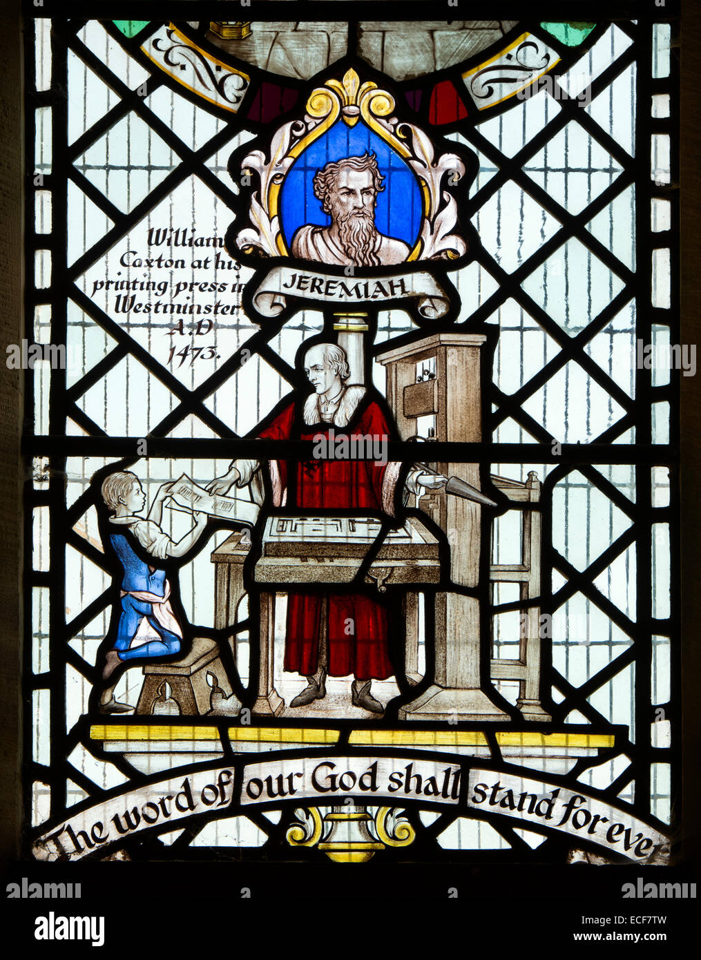 William Caxton, vitraux Eglise Sainte-marie Madeleine, Wardington, Oxfordshire, England, UK Banque D'Images