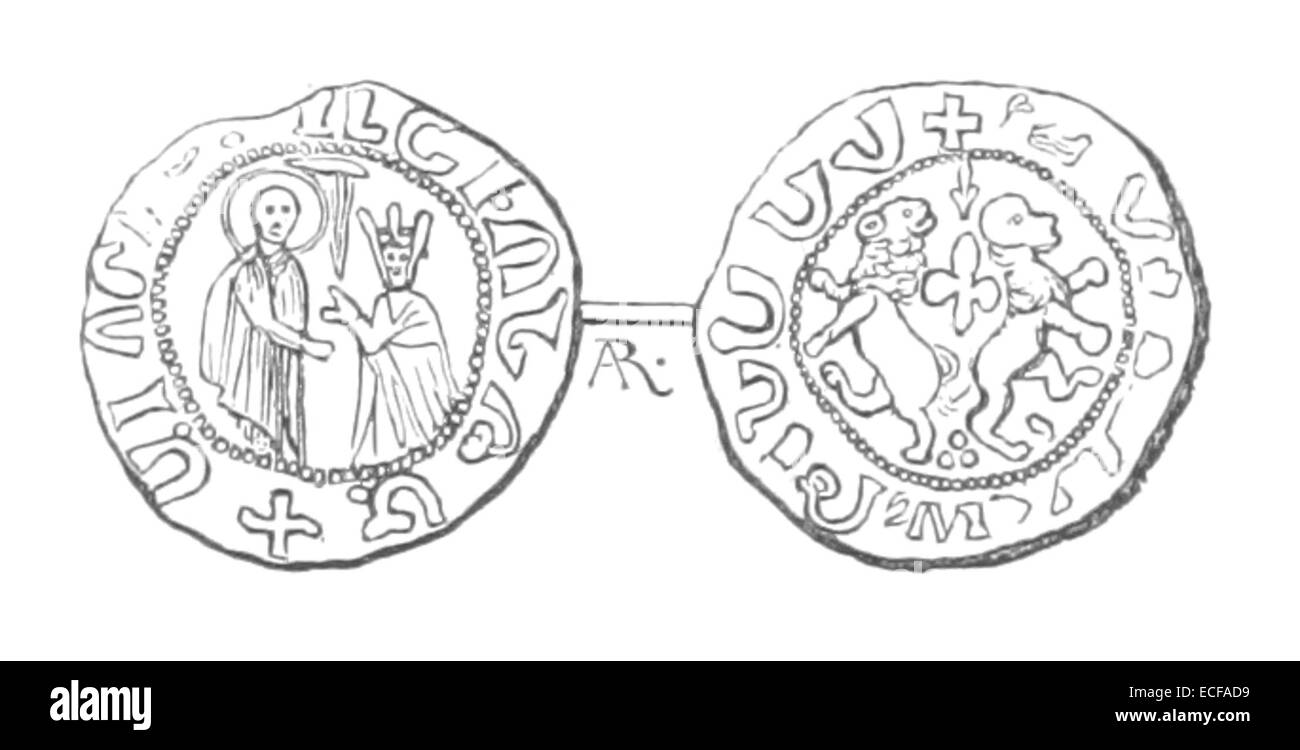 Cette œuvre de Langlois de 1861 présente une représentation détaillée de la pièce du roi Léon II d'Arménie, illustrant l'ancienne numismatique arménienne. Banque D'Images