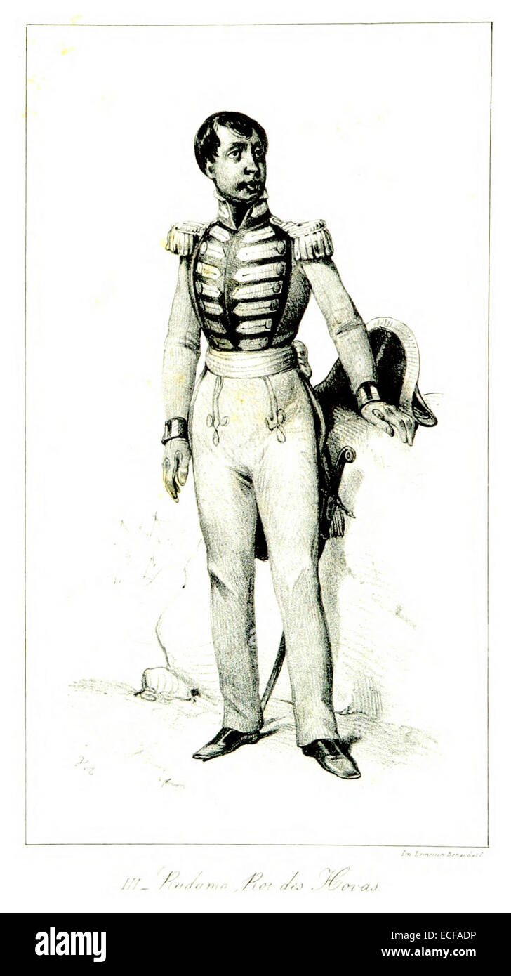 L’illustration de Leguevel de Lacombe, réalisée en 1840, représente le roi Radama Ier de Madagascar, figure clé de la modernisation de l’île au XIXe siècle. Banque D'Images