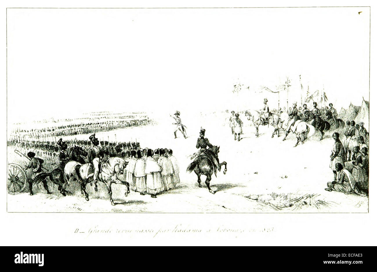 Une illustration de 1840 par Leguevel de Lacombe représente le roi Radama Ier examinant ses troupes en 1825. Cette scène historique offre un aperçu des pratiques militaires et de la pageanterie royale pendant le règne de Radama sur Madagascar. Banque D'Images