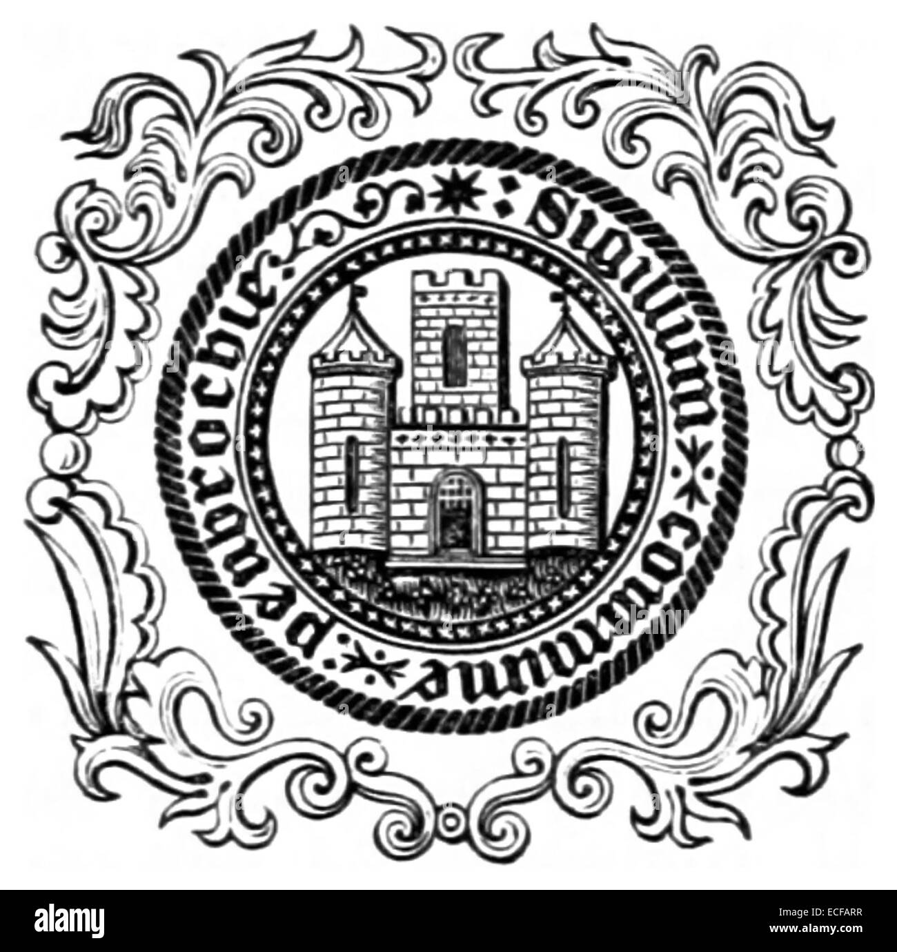 Cette illustration de Lewis de 1833 présente le sceau corporatif de Pembroke, offrant un aperçu historique de l'identité civique de cette ville ou institution au début du XIXe siècle. Banque D'Images
