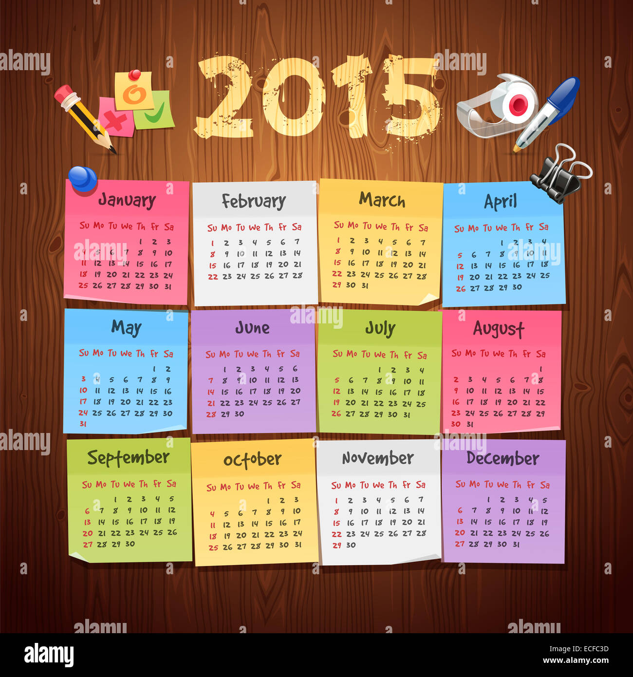 Calendrier Calendrier 2015 Bureau autocollants sur fond de bois Banque D'Images