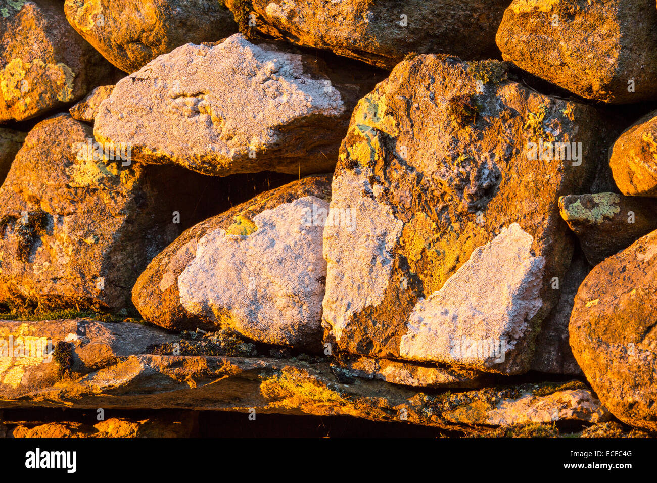 Lumière rougeoyante sur un mur en pierre sèche au coucher du soleil, Ambleside, Cumbria, Royaume-Uni. Banque D'Images