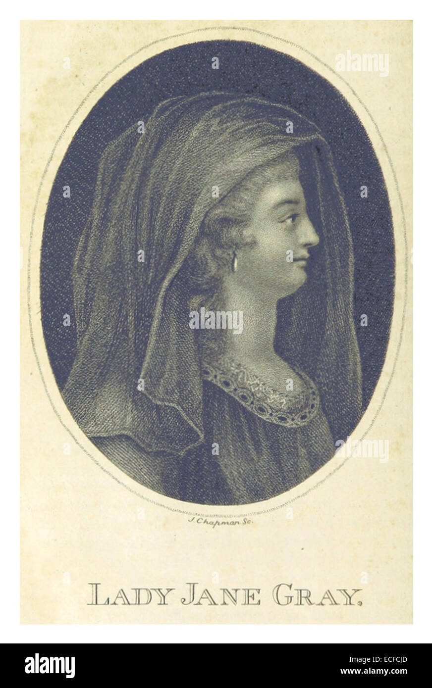 Cette illustration de 1800 par Mante représente Lady Jane Gray, une figure historique qui a brièvement régné comme reine d'Angleterre au XVIe siècle, capturée dans un style formel et royal de portrait. Banque D'Images