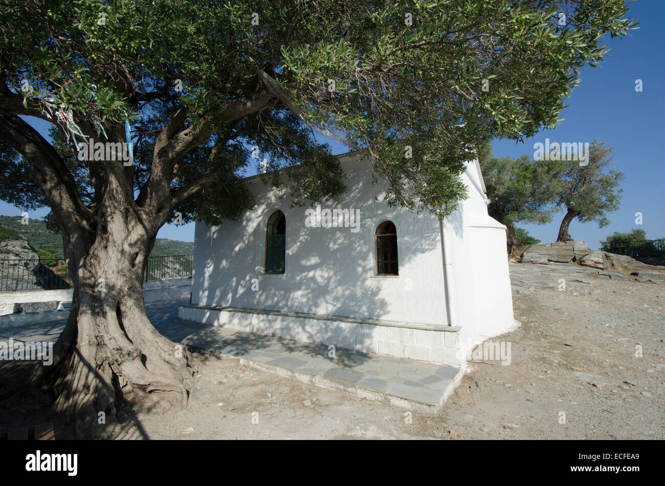 Mamma Mia, chapelle Agios Ioannis, Skopelos, l''île grecque. Octobre. Banque D'Images
