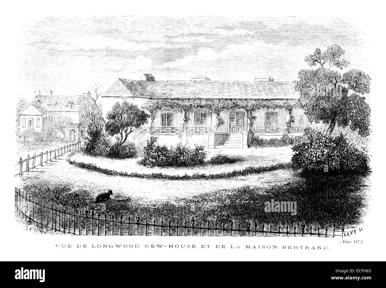 Cette illustration de 1862 par Masselin montre Longwood New-House, un bâtiment emblématique sur l'île de Sainte-Hélène, avec des vues détaillées de son architecture et de ses environs. Banque D'Images
