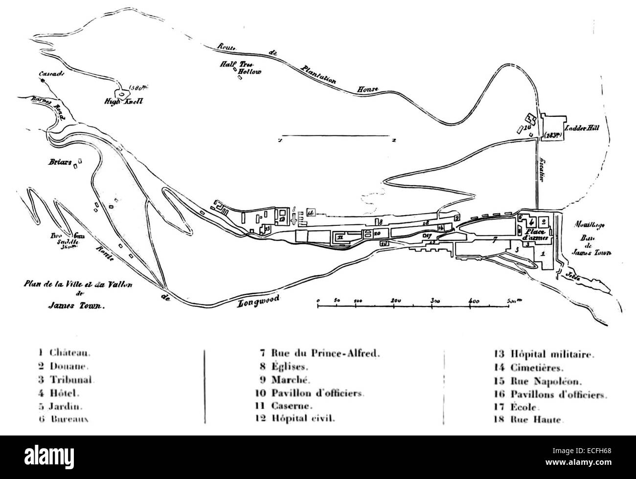 Cette carte de 1862 de Masselin représente le tracé de James-Town, illustrant l'urbanisme et la conception de la ville au milieu du XIXe siècle. Banque D'Images