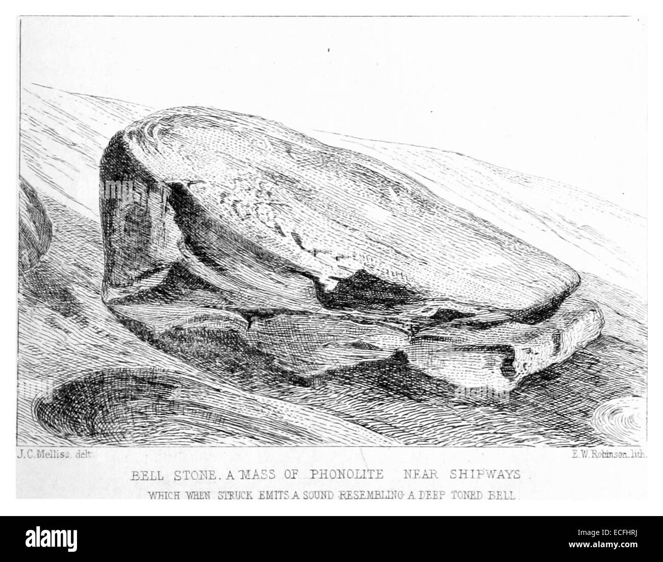 Une illustration de Melliss de 1875 représentant la phonolite, également connue sous le nom de Bell Stone, près de Shipways. Le dessin fournit un aperçu géologique de la région et de la formation de pierre unique qui s'y trouve. Banque D'Images