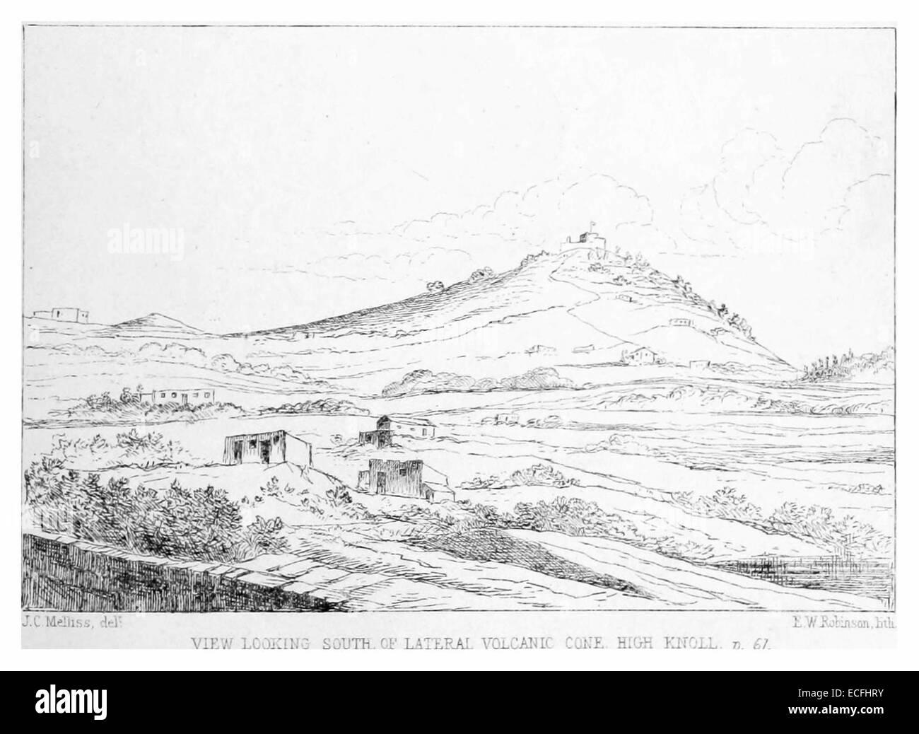 Les travaux de Melliss de 1875 offrent une vue vers le sud depuis High Knoll, mettant en valeur un cône volcanique latéral, mettant en évidence la géographie volcanique et les caractéristiques géologiques de la région. Banque D'Images
