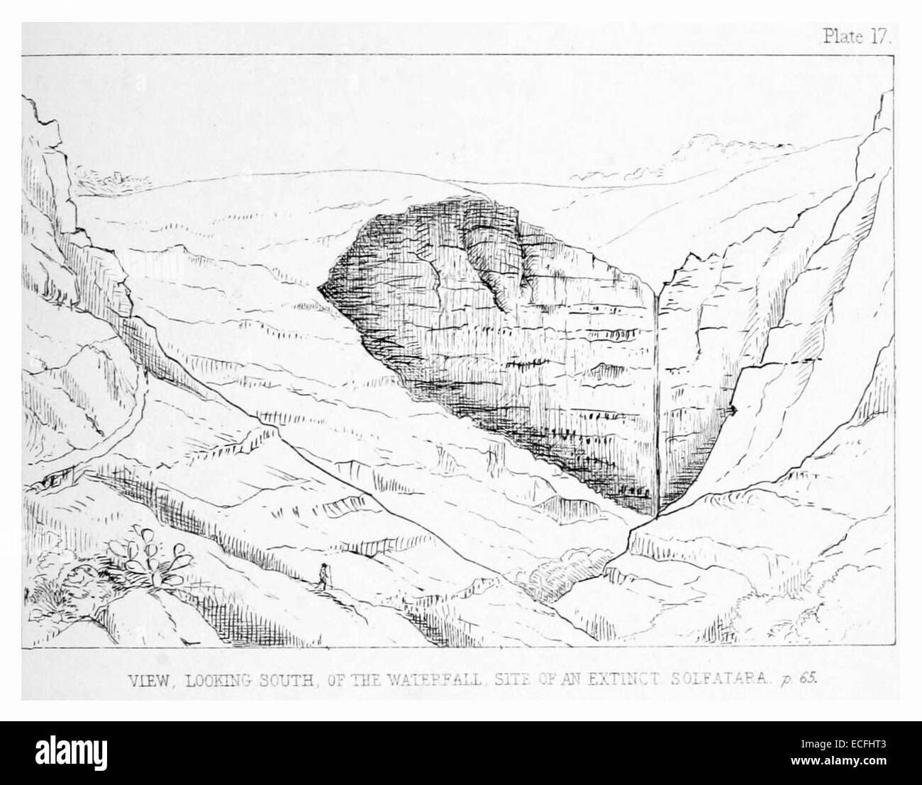 Cette illustration de 1875 par Melliss montre une vue vers le sud d'une cascade située sur le site d'un solfatara éteint, capturant ses caractéristiques géologiques et pittoresques. Banque D'Images
