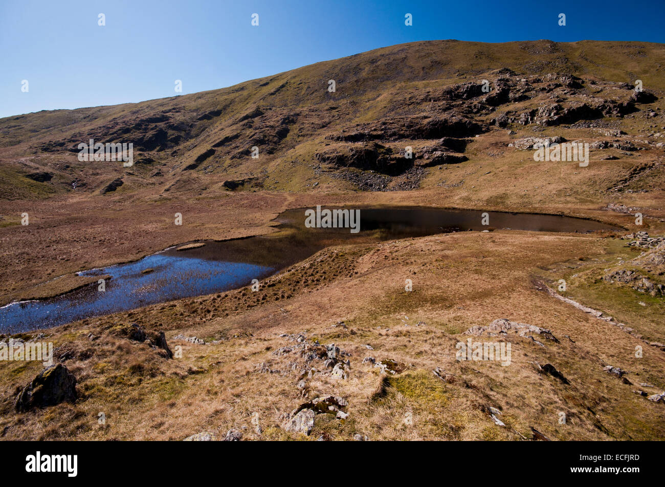 Dale head Tarn, une caractéristique importante sur les pentes de la montagne dans le Parc National du Lake District. Banque D'Images