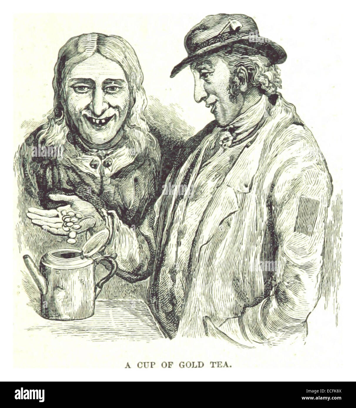 Cette illustration de 1885 (p205) de Morwood représente une tasse de thé en or, probablement une référence à une boisson de luxe ou exotique appréciée au XIXe siècle. Banque D'Images