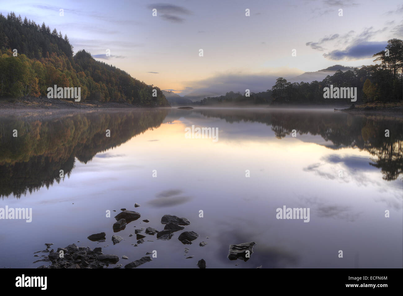 Un matin d'automne brumeux à Glen Affric, Scotland UK Banque D'Images