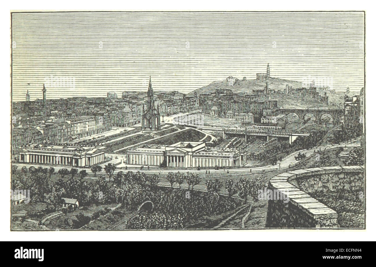 PATERSON(1875) p061 SCOTT'S MONUMENT, ROYAL SCOTISH ACADEMY (L), Galerie nationale (R), au nord-LA-GARE Banque D'Images