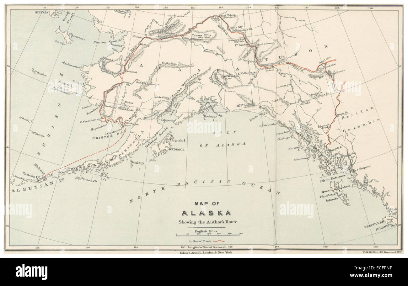 Cette carte de 1896 de Pike retrace la route de l'auteur à travers l'Alaska, fournissant des détails géographiques de la région. La carte met en évidence des points de repère importants et le voyage de l'auteur à travers la nature sauvage de l'Alaska. Banque D'Images