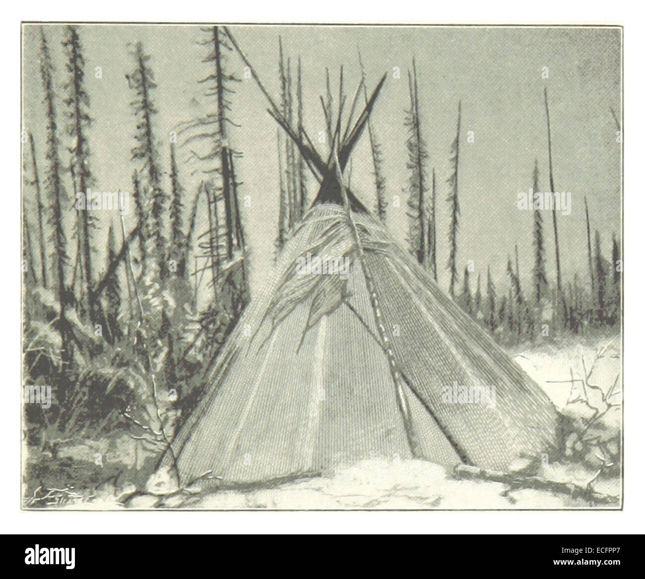 Cette illustration de Pike de 1896 représente une scène de camp d'hiver, mettant en valeur les premières techniques de survie en plein air et les défis des voyages hivernaux à la fin du XIXe siècle. Banque D'Images