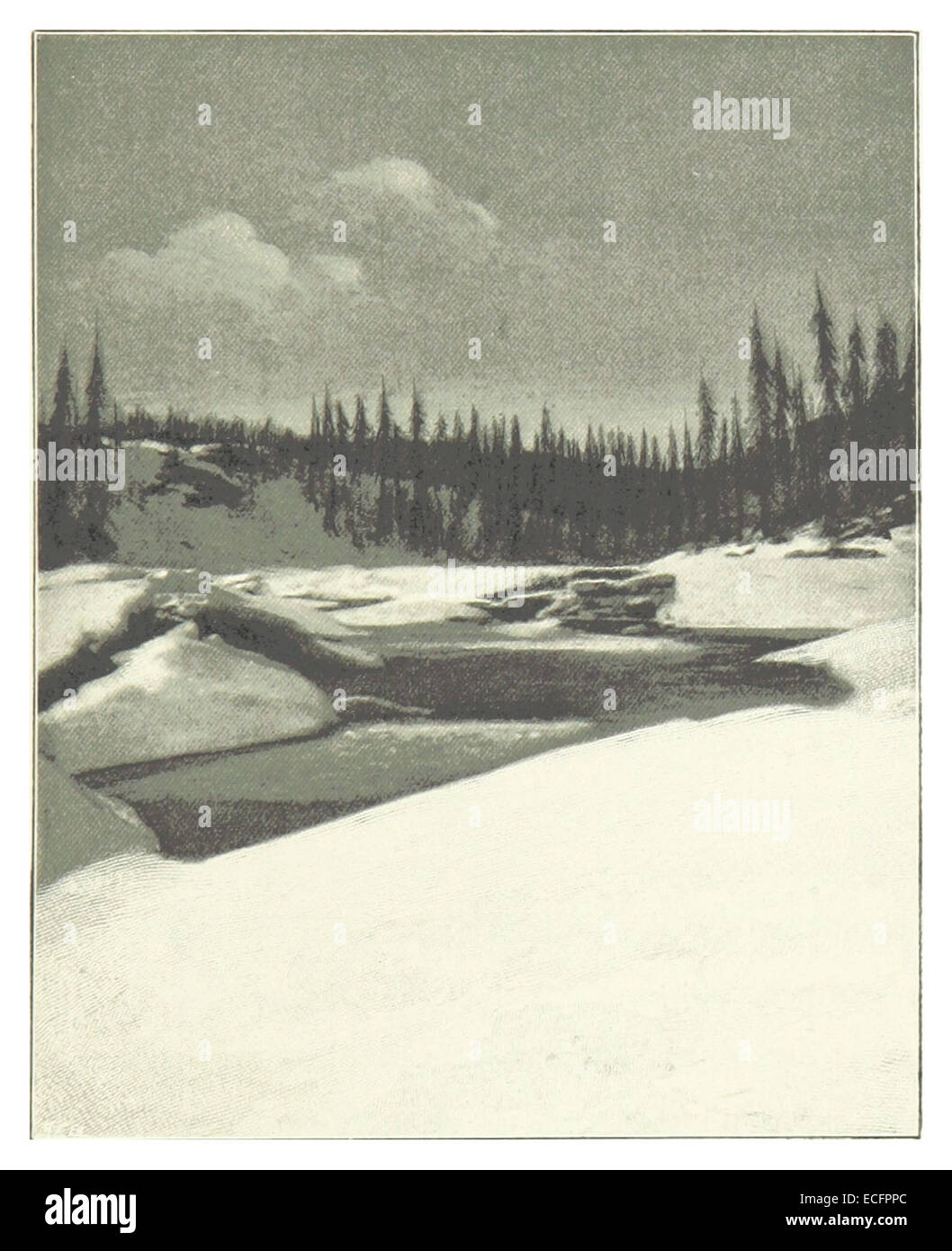 Cette illustration de Pike, réalisée en 1896, montre l'éclatement dramatique de la glace sur la rivière Frances, en capturant les changements saisonniers et la nature dynamique des écosystèmes fluviaux. Banque D'Images