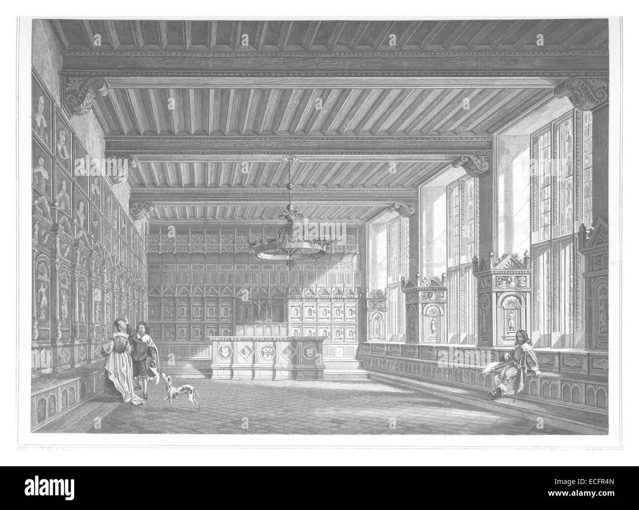 Une illustration de Poppel de 1852 représentant le Friedenssaal (Hall de la paix) dans la mairie de Münster. L'œuvre met en valeur l'importance architecturale et historique du bâtiment. Banque D'Images