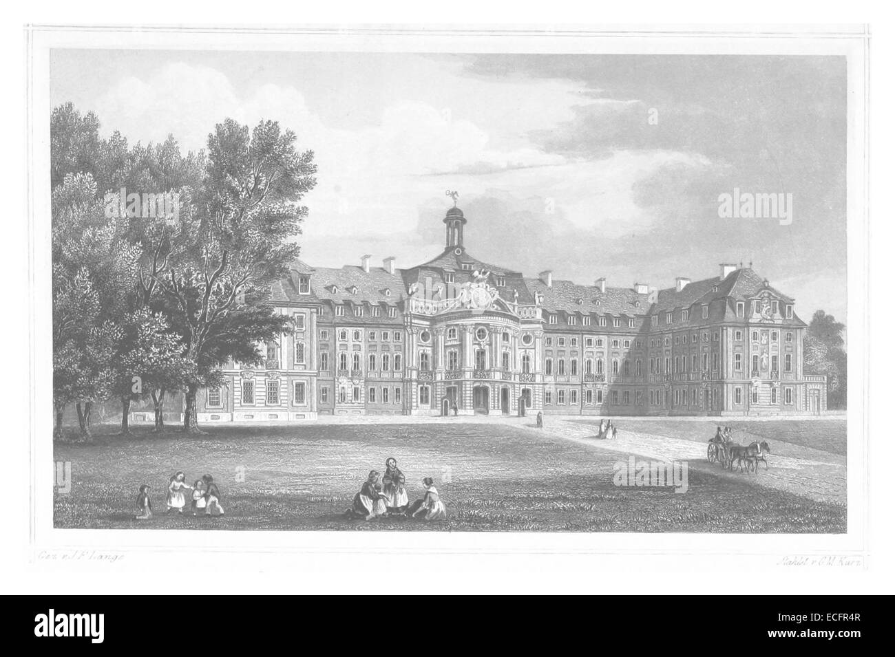 L’illustration de Poppel de la Residenzschloss de Münster, réalisée en 1852, met en valeur la grandeur architecturale de l’ancien palais ducal, situé en Rhénanie du Nord-Westphalie, en Allemagne, offrant un aperçu de la noblesse européenne et des résidences royales du XIXe siècle. Banque D'Images