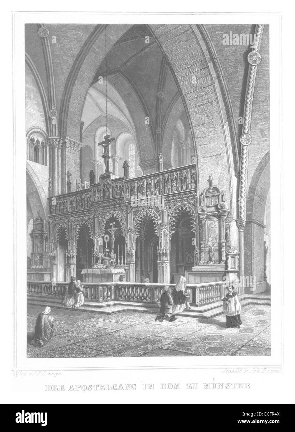 Une illustration de 1852 de l'œuvre de Poppel représentant l'intérieur de la cathédrale de Münster en Allemagne, mettant en valeur sa grandeur architecturale et son importance historique. Banque D'Images