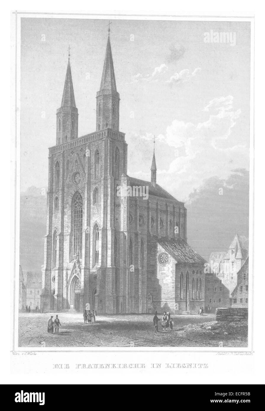 Illustration tirée de l’œuvre de Poppel de 1852 représentant la Frauenkirche de Liegnitz (aujourd’hui Legnica, Pologne). L’église, connue pour son style architectural gothique, a joué un rôle important dans l’histoire religieuse et culturelle de la région. Banque D'Images