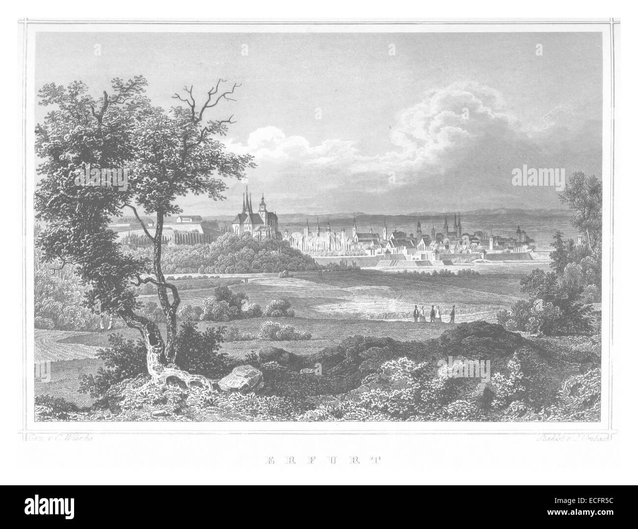 Cette illustration de Poppel de 1852 montre une vue d'Erfurt, mettant l'accent sur l'architecture historique et le paysage de la ville allemande au milieu du XIXe siècle. Banque D'Images