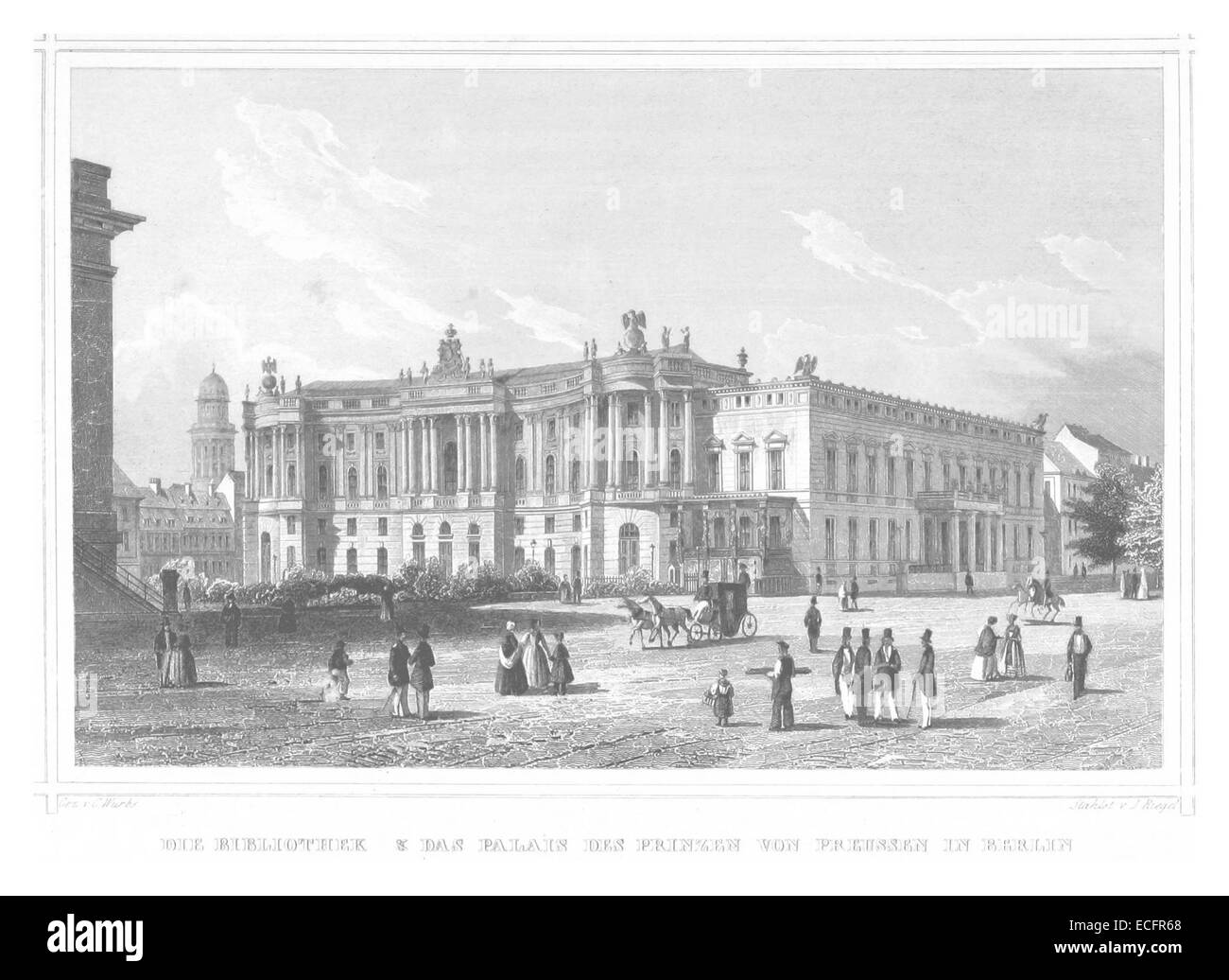 Une illustration de l'œuvre de Poppel de 1852 montrant la Bibliothek et Prinzenpalais à Berlin. Ce bâtiment historique, mélange d'architecture classique, a servi de palais royal et de bibliothèque au cœur de Berlin au XIXe siècle. Banque D'Images
