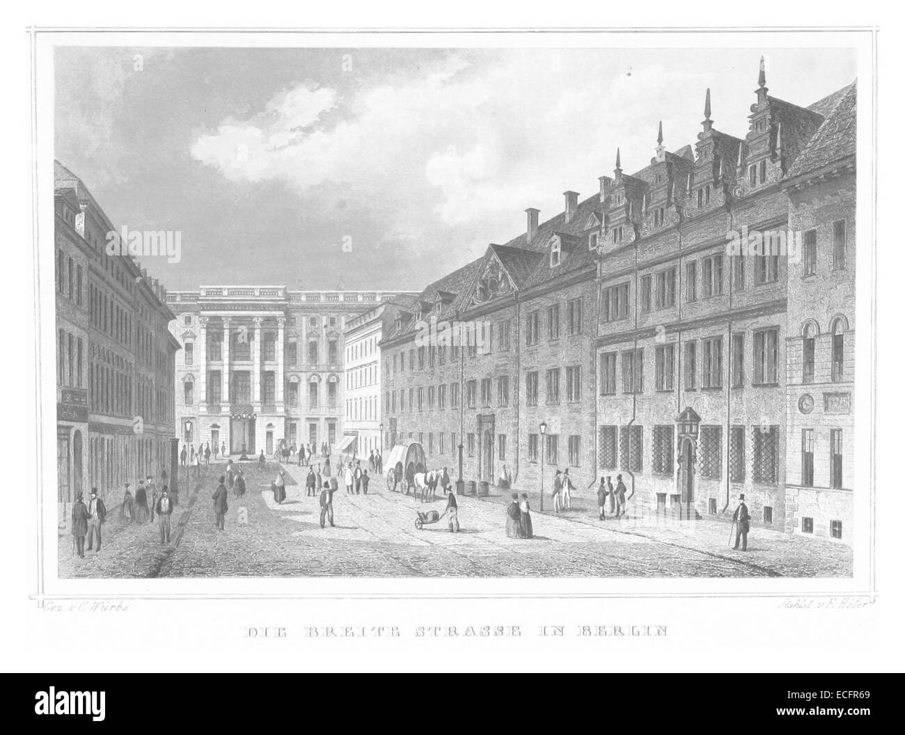 Une illustration de 1852 par Poppel de Breite Strasse à Berlin, représentant une scène historique de cette rue importante de la ville. L'œuvre offre un aperçu de la vie urbaine dans Berlin du XIXe siècle. Banque D'Images