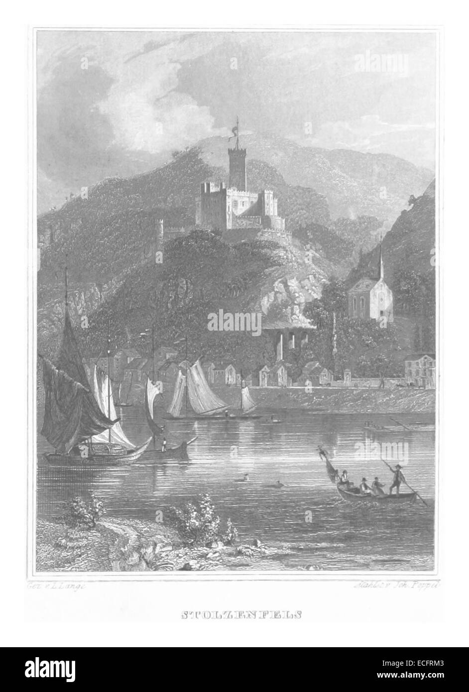 Une illustration cartographique de 1852 du château de Stolzenfels, situé sur les rives du Rhin en Allemagne. La carte met en évidence la position du château et ses caractéristiques architecturales au milieu du XIXe siècle. Banque D'Images Une illustration cartographique de 1852 du château de Stolzenfels, situé sur les rives du Rhin en Allemagne. La carte met en évidence la position du château et ses caractéristiques architecturales au milieu du XIXe siècle. Banque D'Images