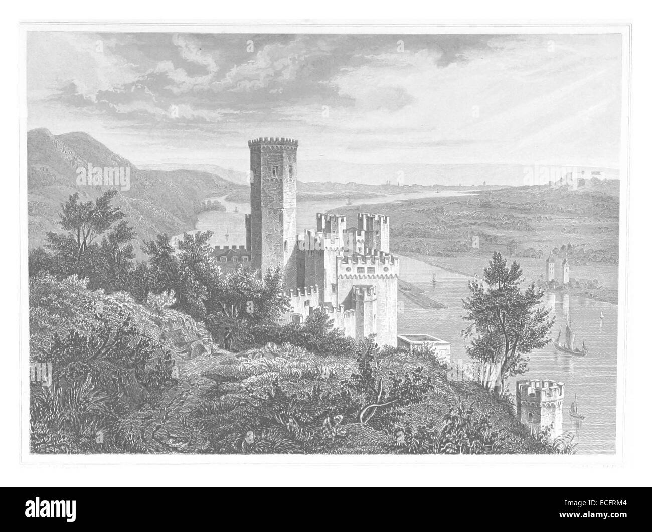 Une illustration de l'œuvre de Poppel de 1852 représentant le Burg Lahneck, un château médiéval situé sur les rives de la rivière Lahn en Allemagne. Le château est connu pour son emplacement stratégique et son importance historique au moyen âge. Banque D'Images