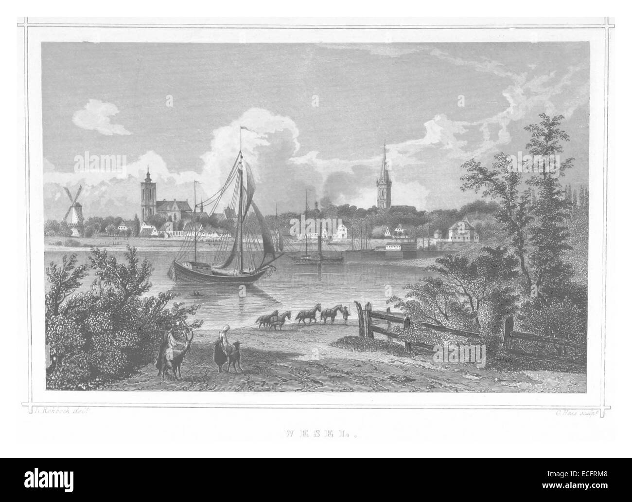 Une illustration de Poppel de 1852 représentant la ville de Wesel, située en Rhénanie-du-Nord-Westphalie, en Allemagne, capturant son plan architectural et le paysage environnant au milieu du XIXe siècle. Banque D'Images