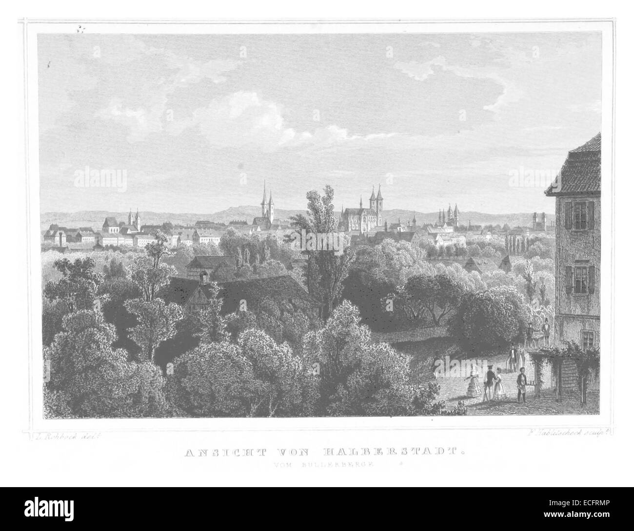 Une illustration de 1852 par Poppel de Halberstadt, une ville en Allemagne. L'œuvre offre une vue historique de la ville, capturant son architecture et la vie urbaine au milieu du XIXe siècle. Banque D'Images