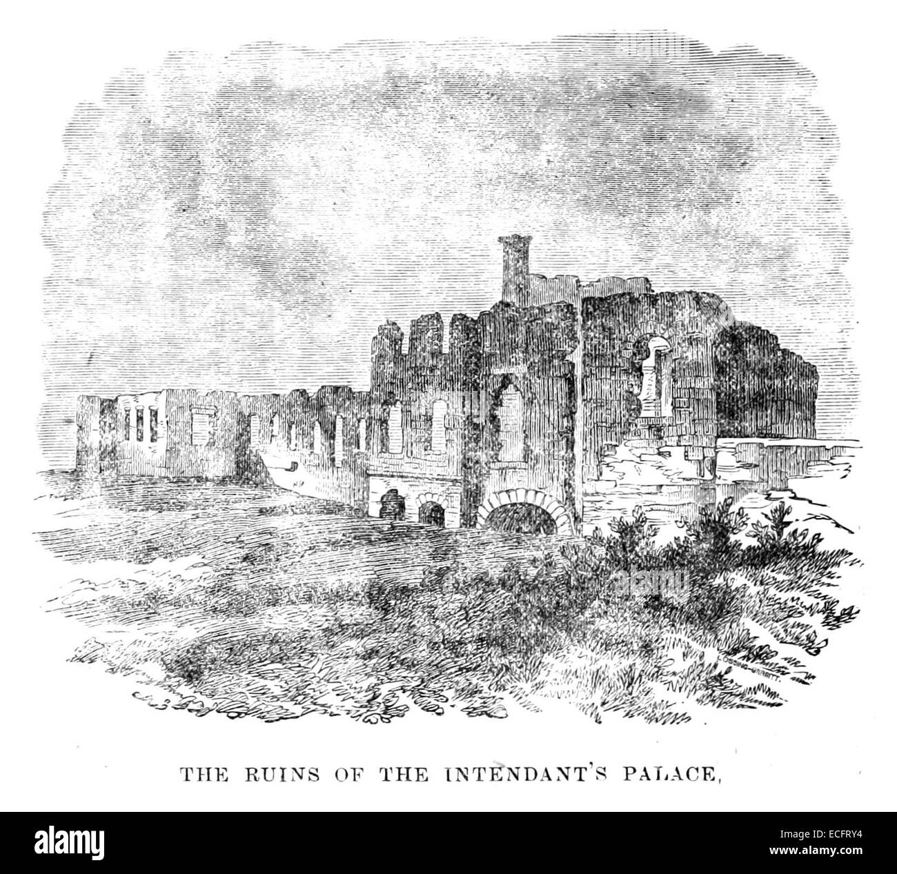 Cette illustration de 1876 représente les ruines du Palais de l'Intendant à Québec, un site historique important. Le palais fut autrefois la résidence de l'intendant de la Nouvelle-France et fut démoli après la conquête britannique. Banque D'Images
