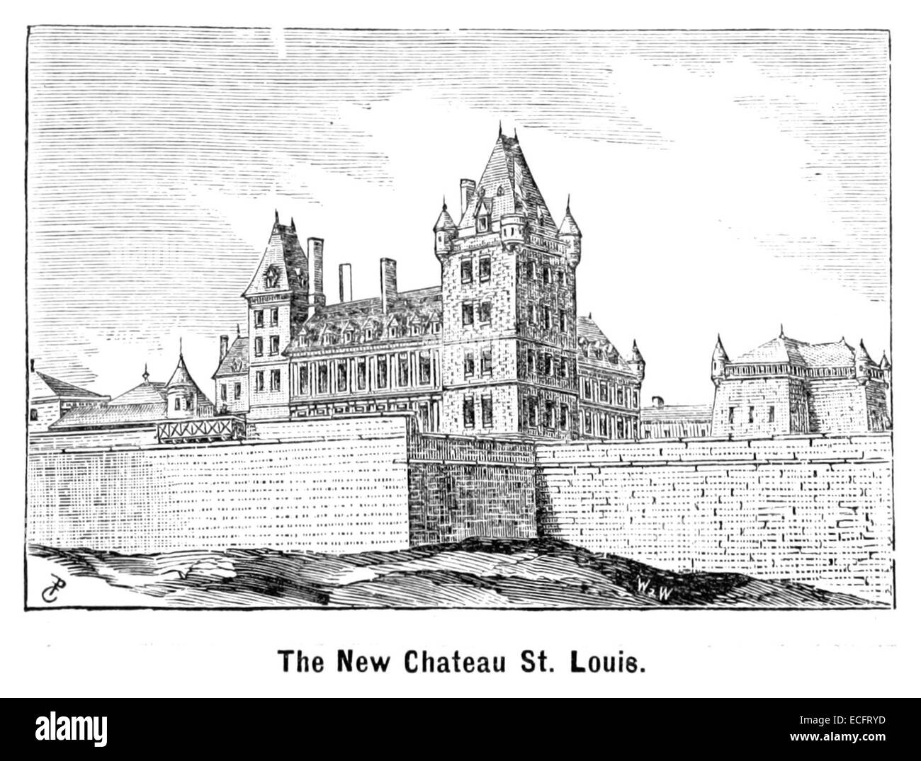Cette illustration de 1876 du Québec offre une vue détaillée du Nouveau Château équipé Louis, un édifice historique important de la ville de Québec, reflétant son architecture à la fin du XIXe siècle. Banque D'Images