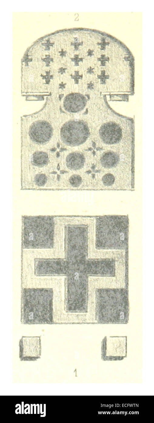 Cette illustration de 1885 de SIMON présente des vitraux (Fenêtres) de l'église de Médina à Allem, mettant en valeur les détails architecturaux et l'art impliqués dans la conception de l'église du XIXe siècle. Banque D'Images