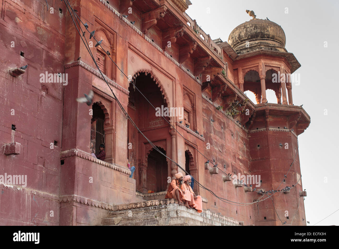 Deux Babas en robes orange traditionnel s'asseoir sur les marches d'un temple hindou à Varanasi. Les pigeons passent au-dessus sous le soleil d'après-midi Banque D'Images