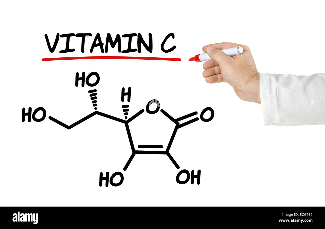Formule chimique de la vitamine C sur un fond blanc Banque D'Images
