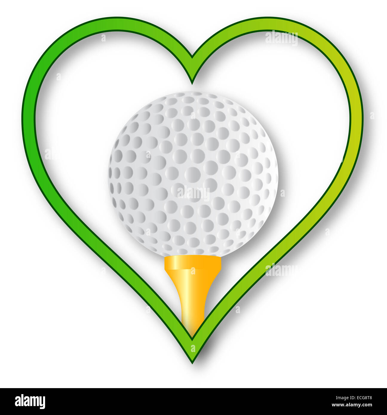 Une balle de golf et le fixer dans un cœur sur un fond blanc Banque D'Images