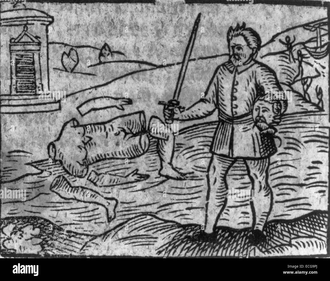 L'homme tenant un sabre et chef de corps démembré, décapité en arrière-plan, gravure sur bois, vers 1599 Banque D'Images