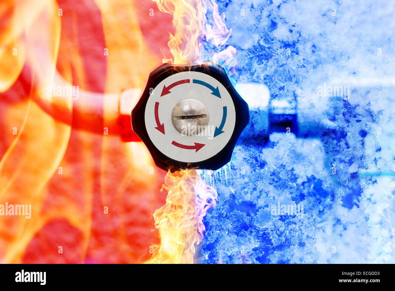 Contrôleur de chauffage manuel avec flèches rouge et bleu dans le feu et la glace arrière-plan Banque D'Images