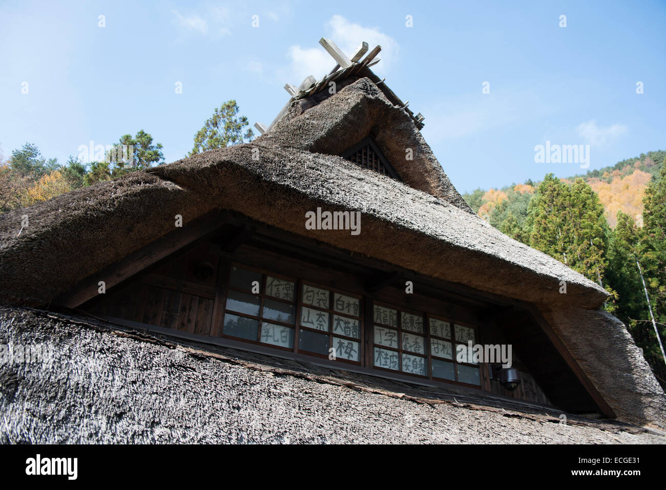 Maison traditionnelle japonaise avec toit de chaume à Oishi petit village de pension, Kawaguchi, le Japon. Banque D'Images