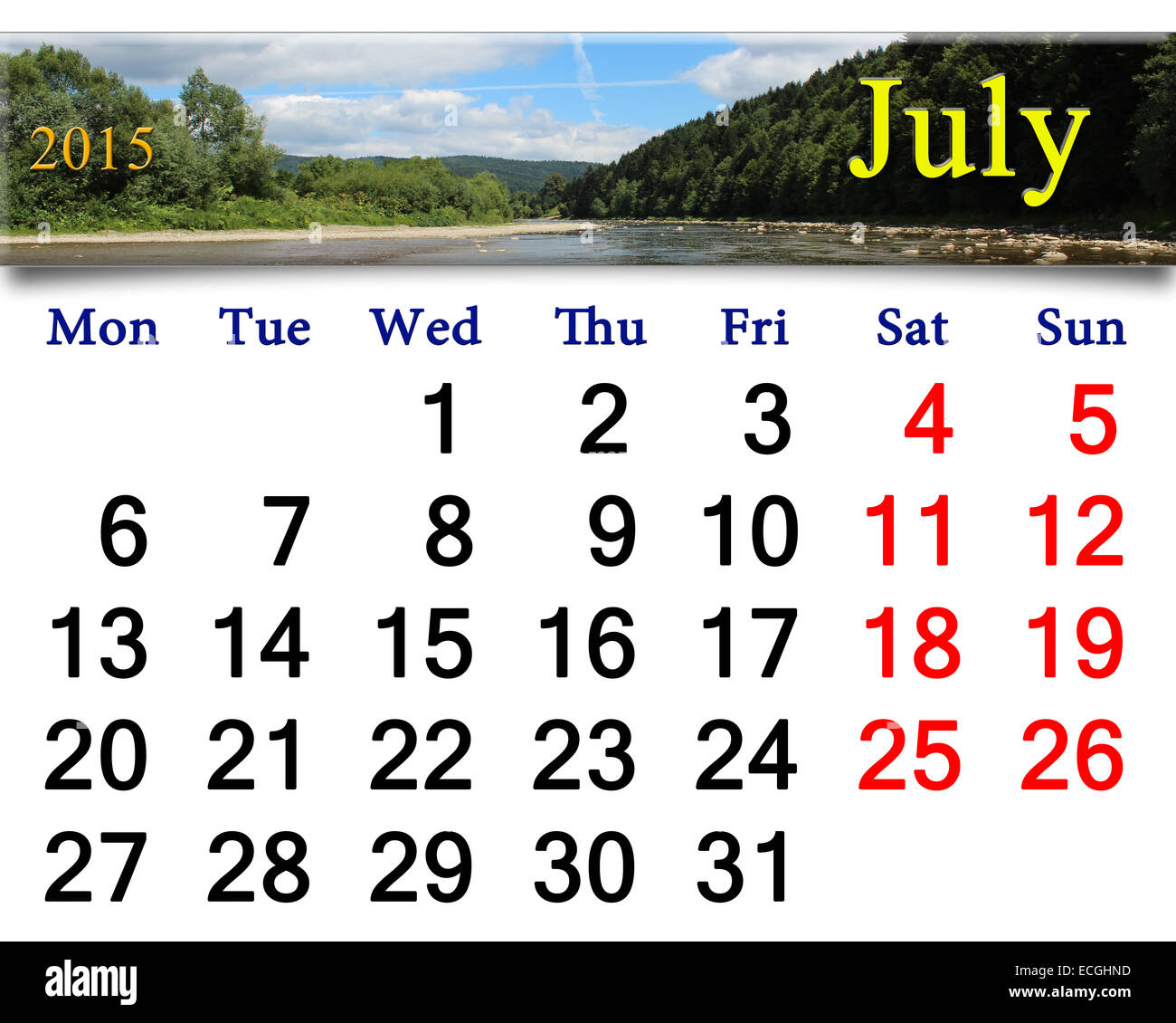 Calendrier pour le mois de juin 2015 avec rivière speed dans les Carpates Banque D'Images