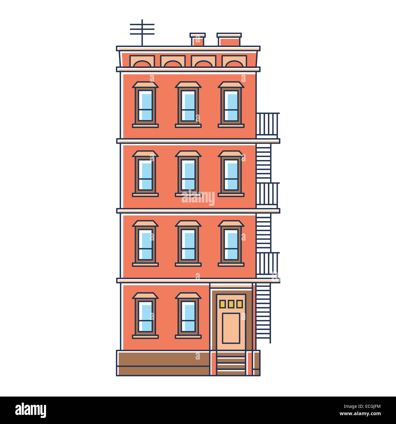 Vector illustration - new york united states red brique vieux bâtiment avec un escalier isolé vintage Banque D'Images