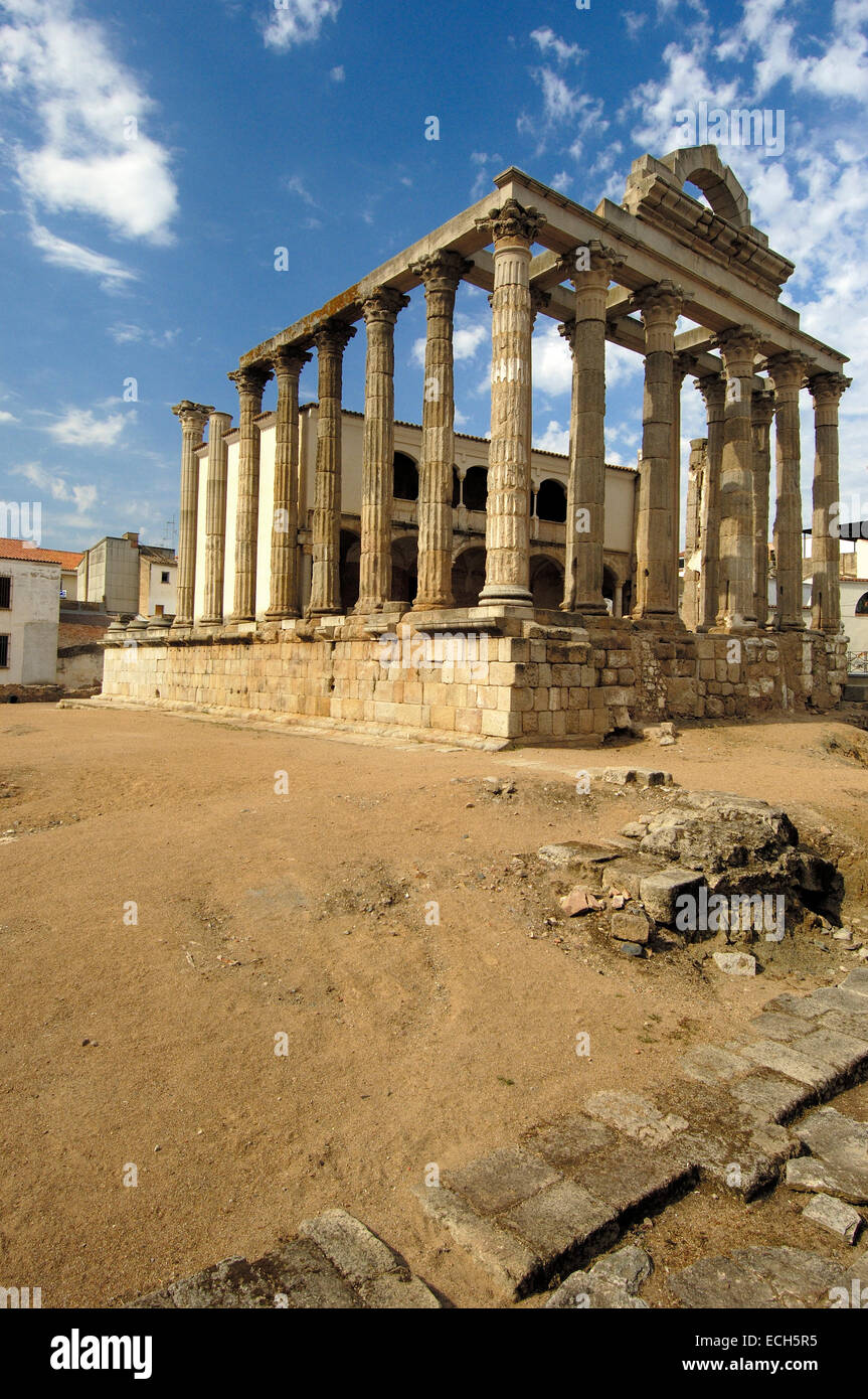 Ruines du temple de Diana, dans la vieille ville romaine Augusta Emerita, Merida, Badajoz province, Ruta de la Plata, l'Espagne, Europe Banque D'Images