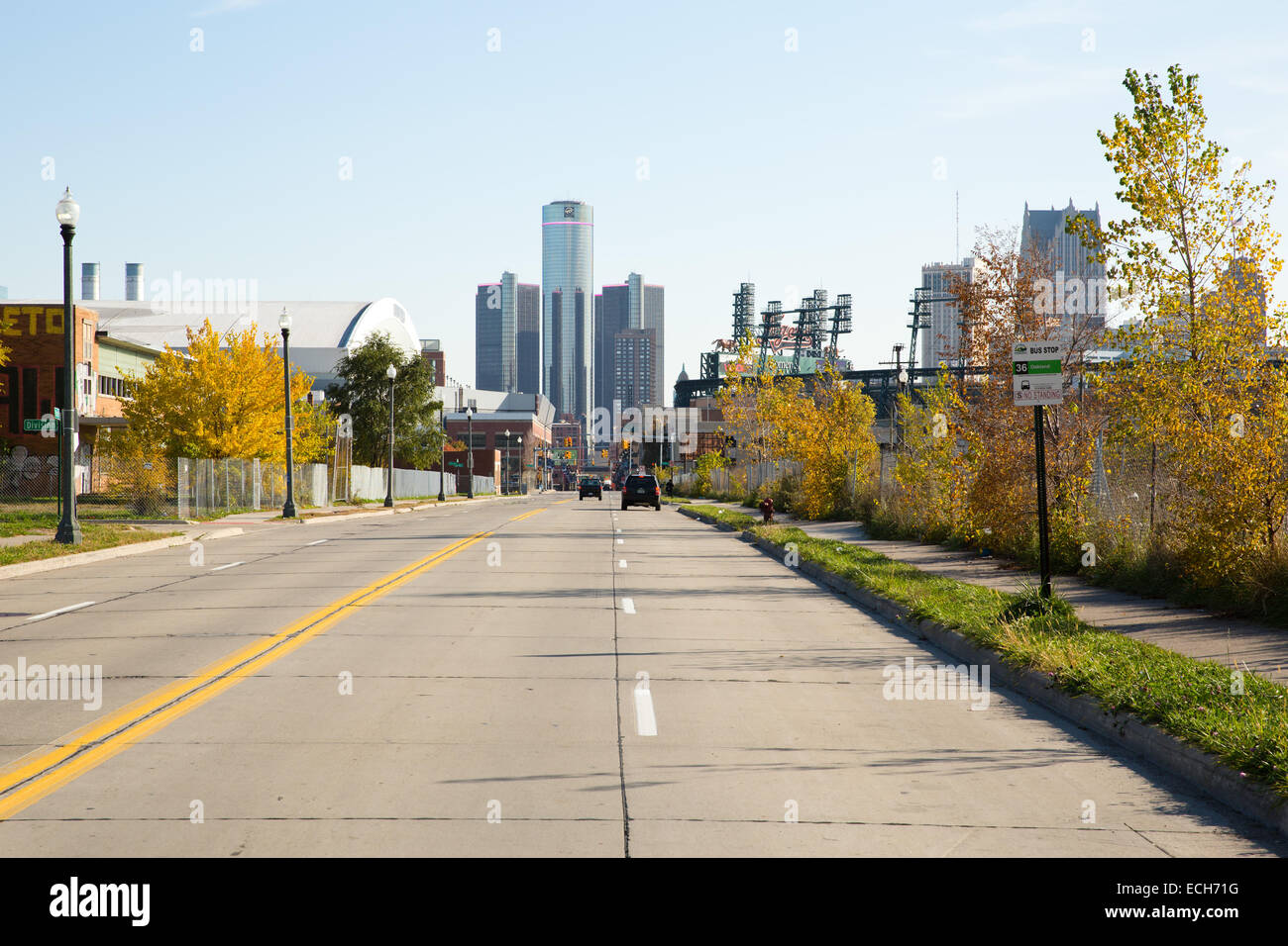 L'article brosse sur St. vue de la Renaissance Center, Ford Field et Comerica Park, Detroit, Michigan, USA. Le 23 octobre 2014. Banque D'Images