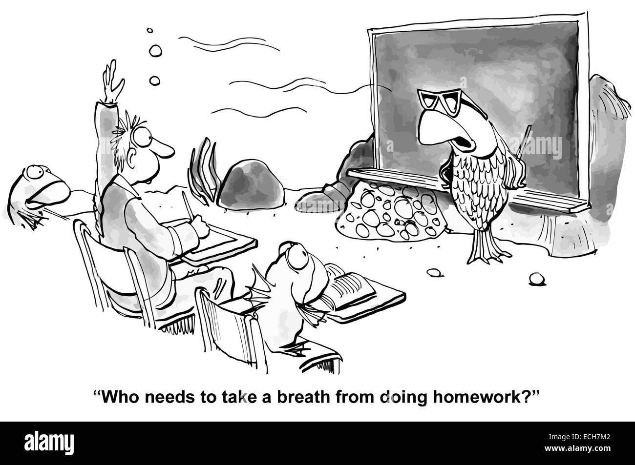 Les besoins humains de prendre un "souffle" (pause) de faire leurs devoirs au plus profond de l'océan avec l'école de poissons. Illustration de Vecteur