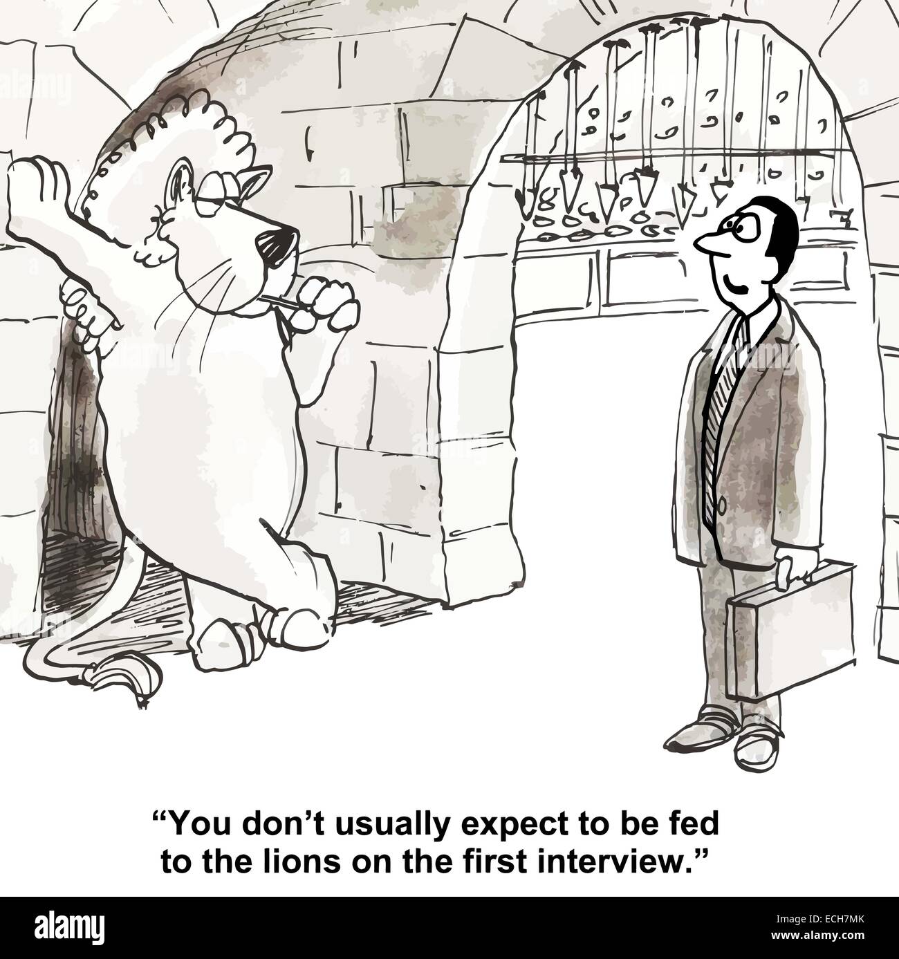 'Vous n'avons pas l'habitude de s'attendre à être livré aux lions sur le premier entretien.' Illustration de Vecteur