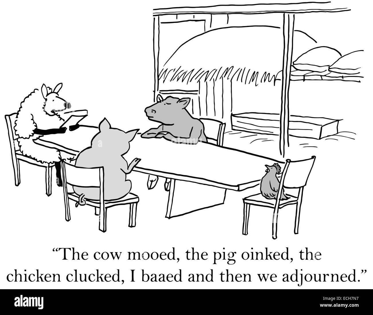"La vache, le cochon mooed oinked clucked, le poulet, je baaed et eux nous avons ajourné.' Illustration de Vecteur