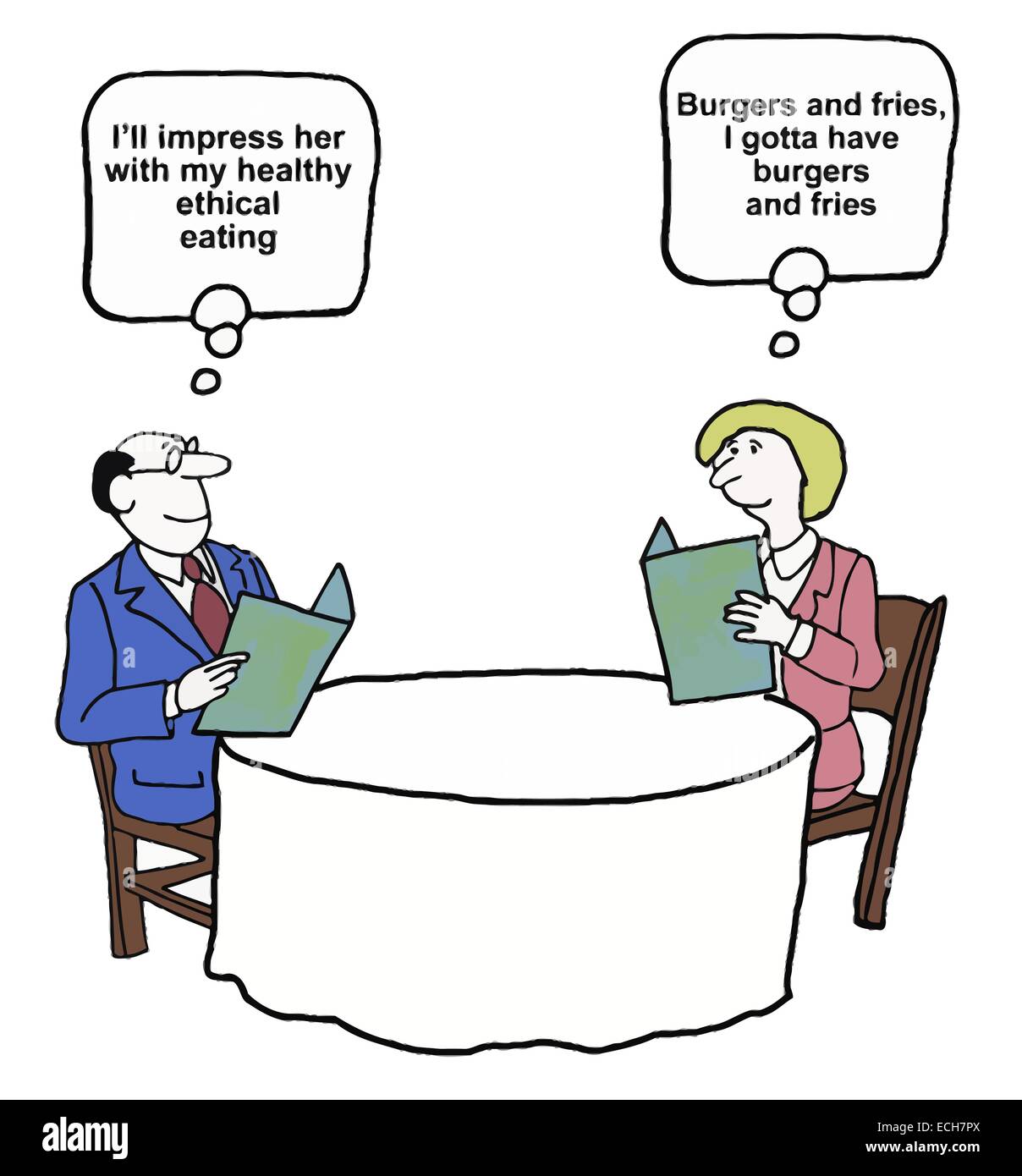 'Pas d'impressionner avec mon éthique saine de manger.' 'les hamburgers et les frites. Je dois avoir des hamburgers et des frites." Illustration de Vecteur